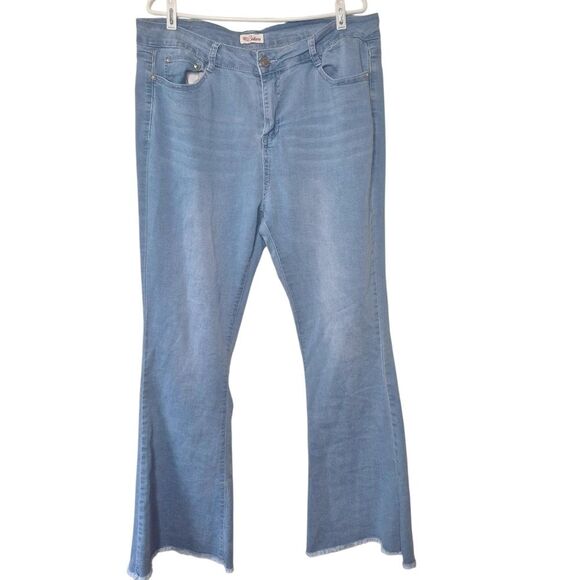 Red Bottoms Blue Flare Wide Leg Jeans Raw Hem Western Retro Juniors Size 17 - Picture 1 of 4
